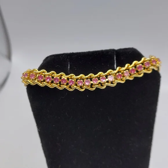 Vintage Tennis Bracelet w/Pink Rhinestones& Goldtone, GC. - Picture 5 of 9